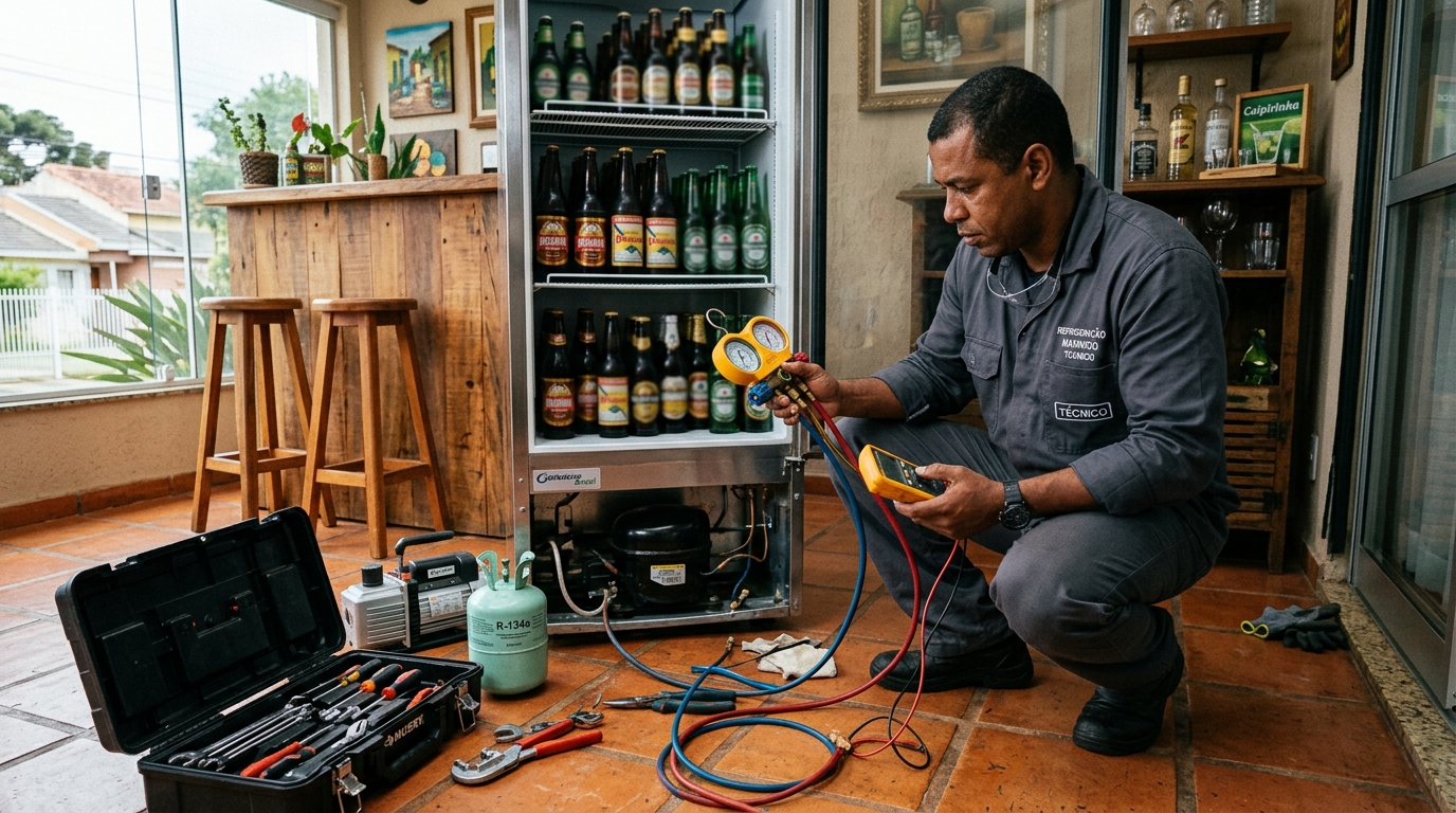 Técnico realizando manutenção de motor de cervejeira em Vitória‑ES