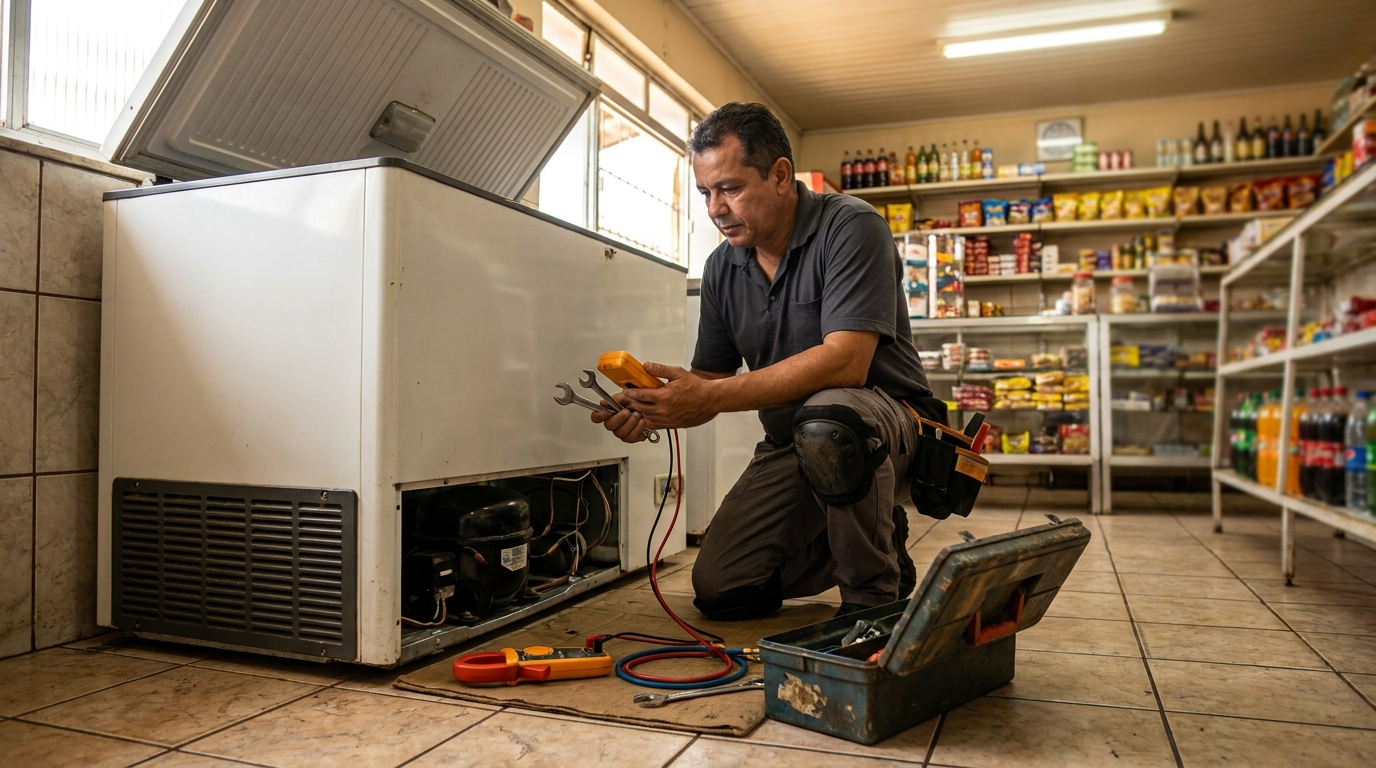 Técnico realizando manutenção de motor de freezer em Vitória‑ES