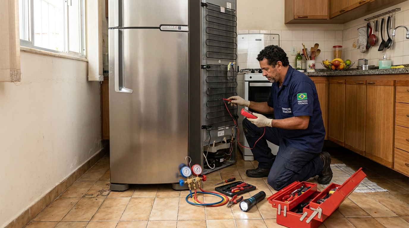 Técnico realizando manutenção de motor de geladeira em Vitória‑ES