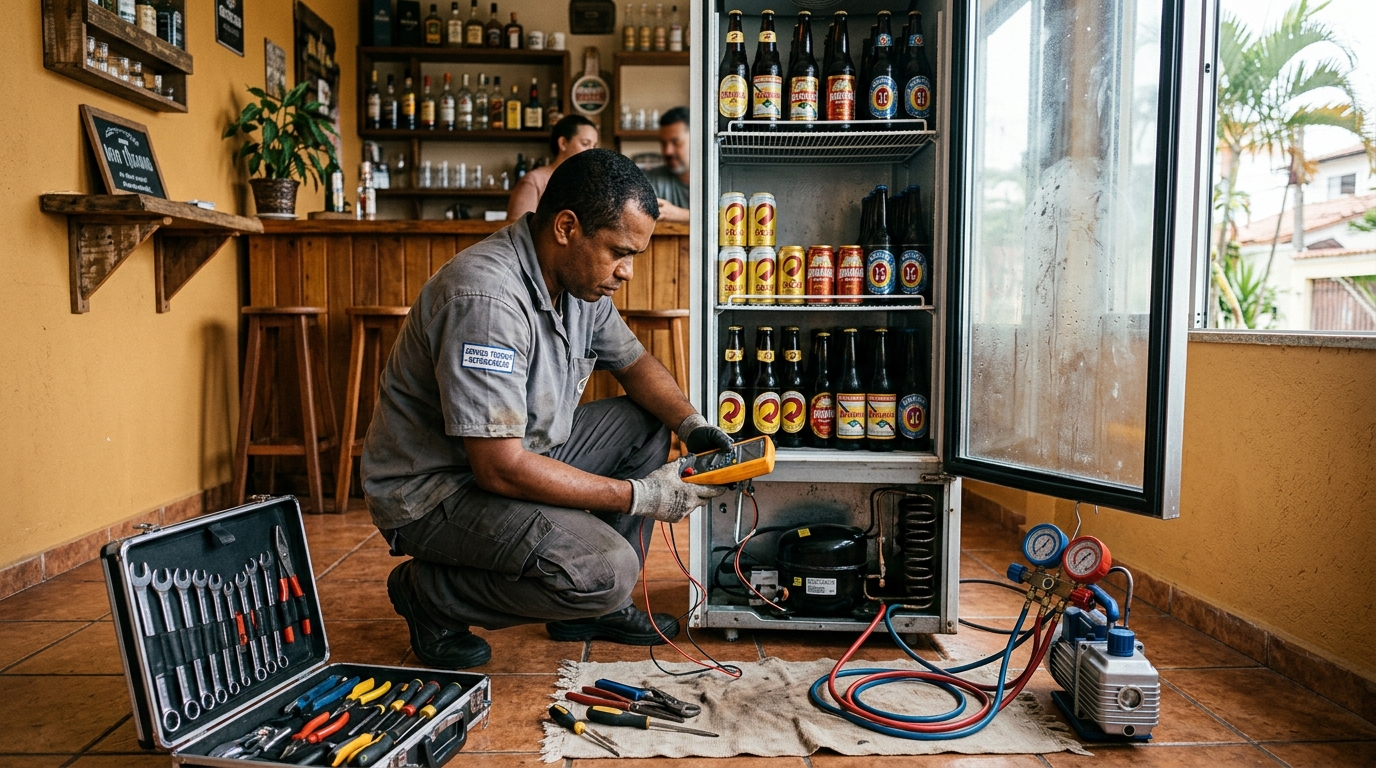 Troca de termostato de cervejeira em atendimento técnico em Vitória‑ES