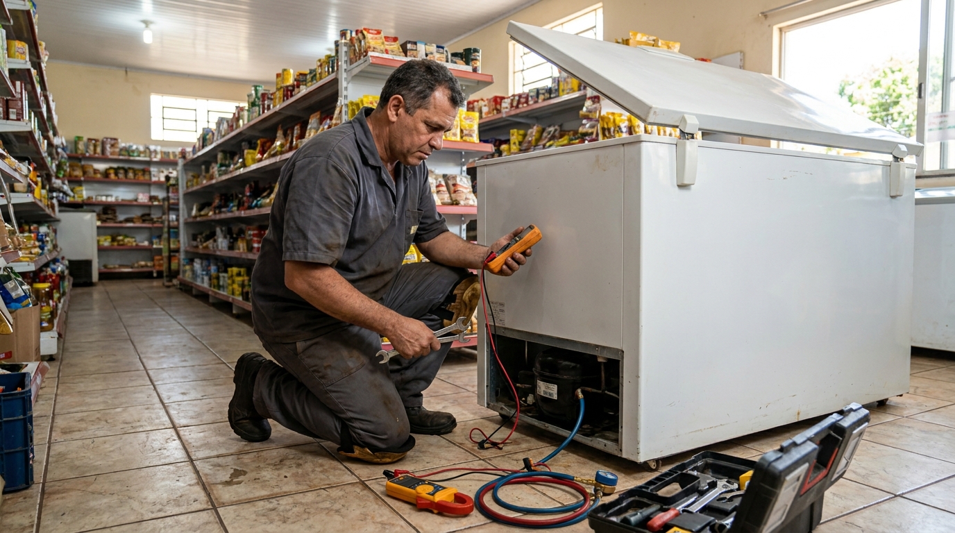 Troca de termostato de freezer em atendimento técnico em Vitória‑ES